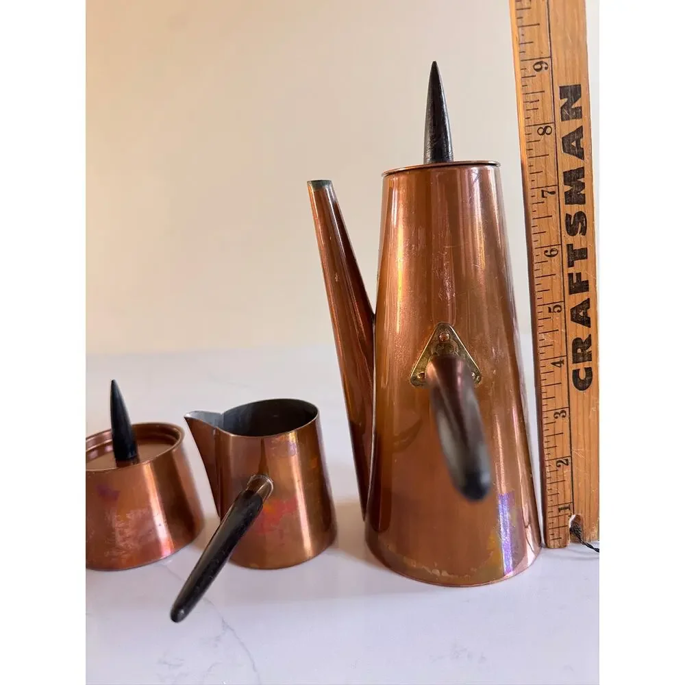 Vintage Copral Portugal Copper Coffee Pot Set Creamer Sugar Spike Wood Handle